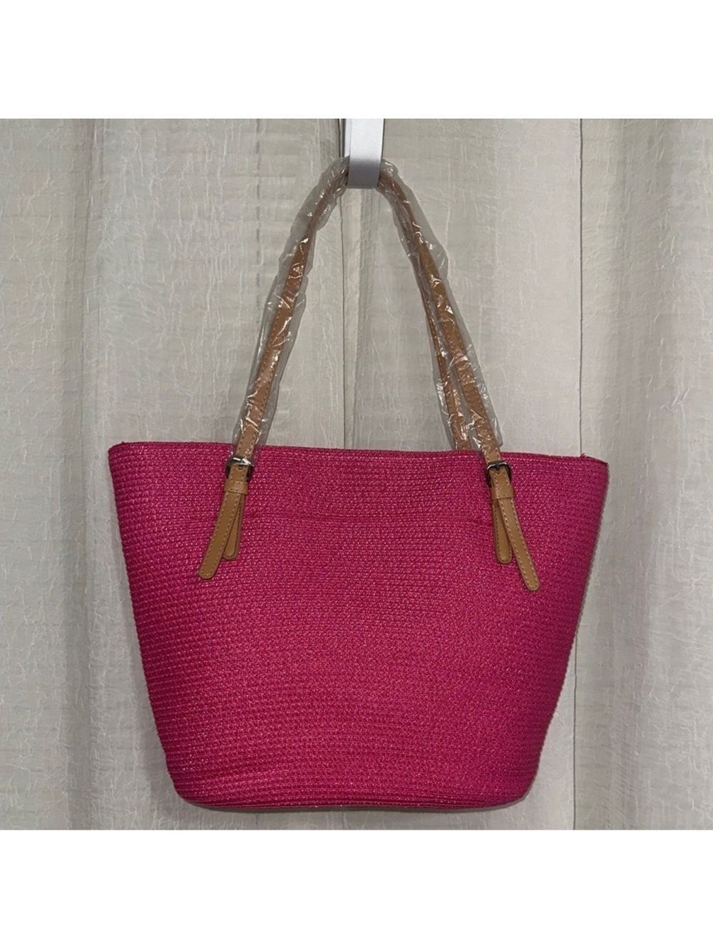 Fuchsia Pink Tan Straw Faux Leather Straps Tote Bag